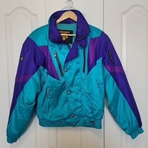 Descente Teal and Purple Ski Jacket with Geometric Design